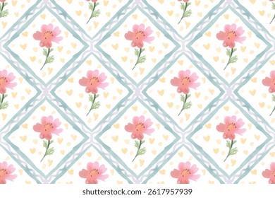 watercolor block print pink cosmos flower seamless pattern background