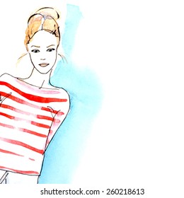 Watercolor blond girl , vector