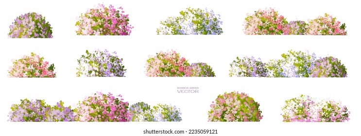 watercolor blooming flower,tree or forest side view isolated on white background for landscape and architecture drawing,elements for environment and garden,botanical for section in spring