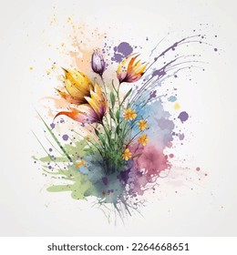 Watercolor blooming spring flowers with splash background. Green leaves, field wild summer bloom, herbs. Beautiful composition. Illustration for card design, print, poster.