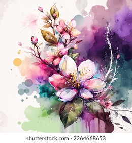 Watercolor blooming spring flowers with splash background. Green leaves, field wild summer bloom, herbs. Beautiful composition. Illustration for card design, print, poster.