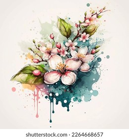 Watercolor blooming spring flowers with splash background. Green leaves, field wild summer bloom, herbs. Beautiful composition. Illustration for card design, print, poster.