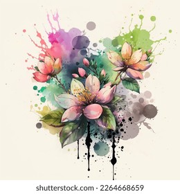 Watercolor blooming spring flowers with splash background. Green leaves, field wild summer bloom, herbs. Beautiful composition. Illustration for card design, print, poster.