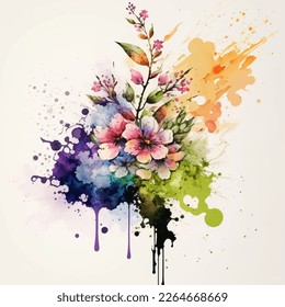 Watercolor blooming spring flowers with splash background. Green leaves, field wild summer bloom, herbs. Beautiful composition. Illustration for card design, print, poster.