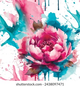 Watercolor blossom peonies flowers seamless pattern. Dirty watercolor background with splashes, splatters. Hand drawn painting peony flower, leaves. Modern artistic ornament. Endless grunge texture.