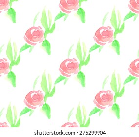 Watercolor blossom pink rose flowers. Shabby chic vintage style. Seamless pattern. Vector illustration.