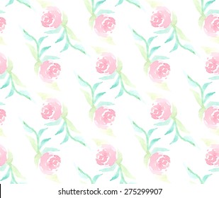 Watercolor blossom pink rose flowers. Shabby chic vintage style. Seamless pattern. Vector illustration.