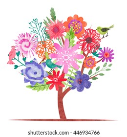 Watercolor blossom tree with abstract colorful flowers and birds. Vector illustration. 