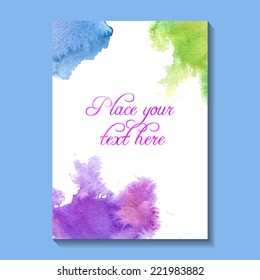 Watercolor blots and splashes background. Hand painted artistic invitation card design. Vector illustration.