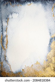 Watercolor blue art background with golden elements. Abstract hand drawing for decoration of invitations, flyers, prints