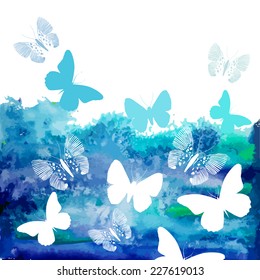 Watercolor blue background with butterflies. Vector 