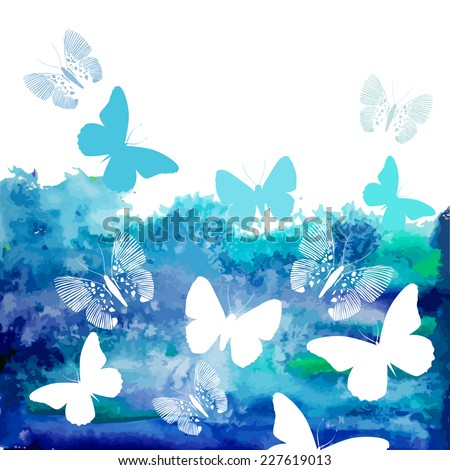 Watercolor blue background with butterflies. Vector 
