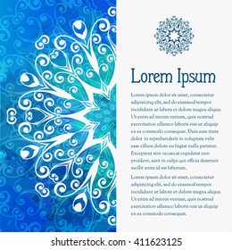 Watercolor blue background with mandala pattern. Grunge background with white ornament. Design for greeting card, invitation, certificate, gift, flyer. Free place for your text. Vector illustration