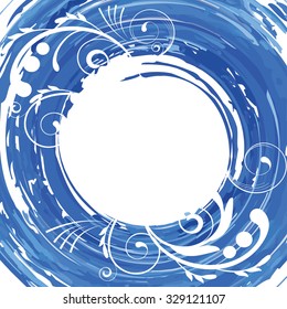Watercolor blue background with a round frame and floral design. 