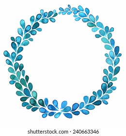 Watercolor blue background texture. Watercolor vector frame. Water drop, splash. Blue wreath. Isolated on white background