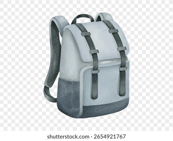 Watercolor blue backpack travel summer accessory isolated clipart graphic. Vector.