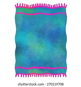 Watercolor blue beach towel with tassels closeup isolated on white background. Top view