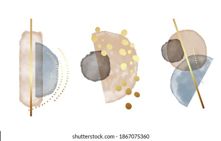 Watercolor Blue Beige Abstract Shapes, Gold Splashes, Boho Design. Elegant Contemporary Bohemian Design. Minimal Graphics, Home Decor, Branding, Advertising 