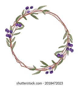 watercolor blue berry fruit wreath frame with copy space for text isolated on white background