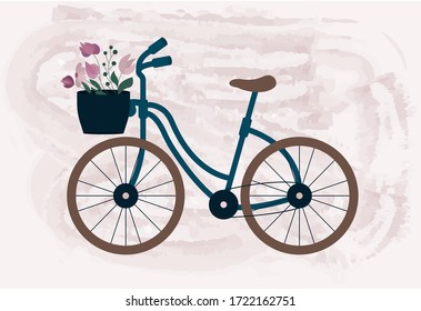 Watercolor blue bicycle with a flower basket in front. Vector Illustration