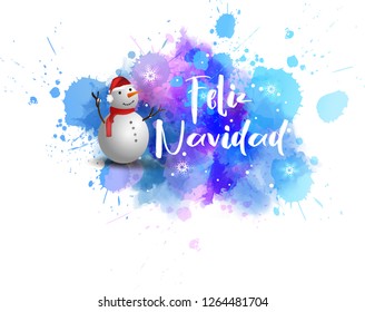 Watercolor blue blot with smiling snowman. Winter season illustration. Feliz Navidad - holiday calligraphy text.