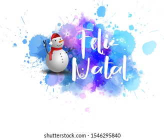 Watercolor blue blot with smiling snowman. Winter season illustration. Feliz Natal - Merry Christmas in Portuguese. Holiday concept.