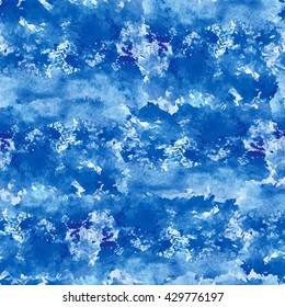 Watercolor blue  blot stain seamless pattern.Vector hand painting background.Blue wavy ocean,sea water,marble,stone,acrylic artistic  texture. Bright design template.Summer Holiday,vacation wallpaper.