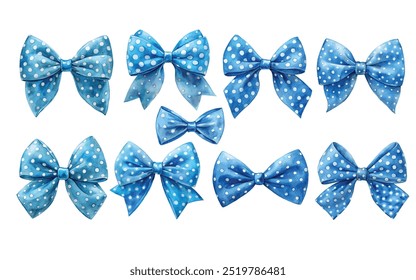 Watercolor blue bows set with polka dot. on white background