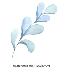 Watercolor blue branches with leaves. Greenery leaf hand-painted isolated. Can be used as being an element in the decorative design of invitation, wedding or greeting cards.