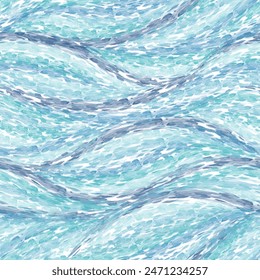 Watercolor blue brush stroke pattern vector. Abstract curve, river, sea, ocean, water, wave, stripe, flowing line. Seamless paint design for fabric, scarf, cloth, print, card, paper, wrapping, banner.