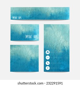 Watercolor blue business templates set, design elements. Can be used also for business cards, greeting cards, banners, invitations, flyers, web design Vectorized watercolor background