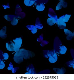 Watercolor blue butterflies on a black background. seamless pattern. Vector 