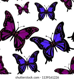 Watercolor blue butterflies on a white background. seamless pattern. Vetor. eps 10.