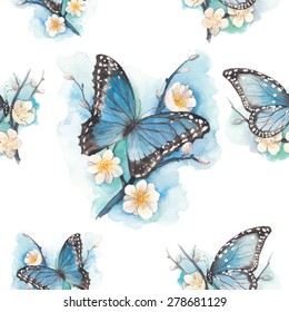 Watercolor blue butterfly on blossom plum tree branch pattern. Vector seamless texture with artistic illustration with flowers and butterfly. 