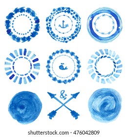 Watercolor blue circle frames wreath,hand painting background.Vector blue artistic splashes,arrows,cyan color.