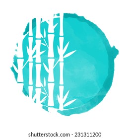 Watercolor blue circle paint stain and white bamboo trees silhouettes. Stamp, icon isolated on a white background. Abstract art. Logo design