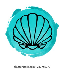 Watercolor Blue Circle Paint Stain And Black Sea Shell Icon Closeup Isolated On A White Background, Art Logo Design 