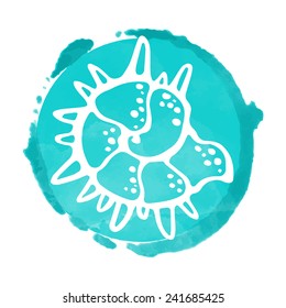 Watercolor blue circle paint stain and white sea shell icon closeup isolated on a white background, art logo design 