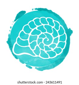 Watercolor blue circle paint stain and white sea shell icon closeup isolated on a white background, art logo design 