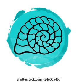 Watercolor blue circle paint stain and black sea shell icon closeup isolated on a white background, art logo design 