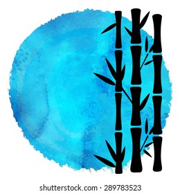 Watercolor blue circle paint stain and bamboo trees black silhouette isolated on white background