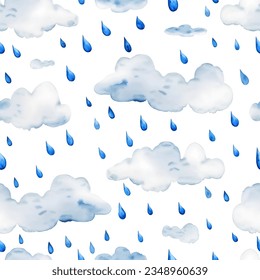 Watercolor blue clouds and rains drop seamless pattern. Hand drawn wallpaper modern vector background