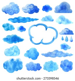 Watercolor blue clouds set isolated on white background. Hand painting on paper 