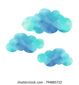 Watercolor blue clouds set isolated on white background. Hand painting on paper