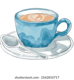 	
Watercolor blue coffee mug and spoon. Illustration vector graphic of blue coffee mug. Good for decorating shop, cafe menu, banner, postcard and label.