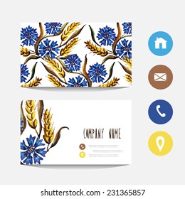 Watercolor blue cornflowers and wheat business card template, design element. Can be used also for greeting cards, banners, invitations. Vectorized watercolor background