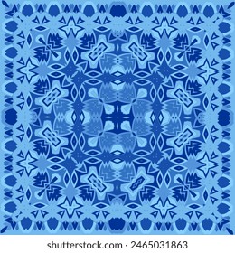 Watercolor blue damask hand drawn floral design. Seamless pattern, tiling ornament. Persian abstract filigree background. Blue and white azulejos decorative element.
