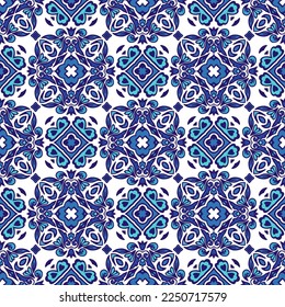 Modalidad sin fisuras del damasco azul acuarela, adorno de baldosas renacentistas. Magnífico vector mediterráneo de cerámica.