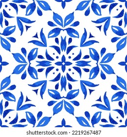 Watercolor blue damask vector seamless pattern, renaissance tiling ornament. Gorgeous Portuguese ceramic. The tiles can be laid on floors, walls, terraces, tables.