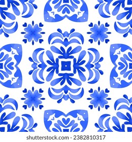 Diseño de mosaico vectorial de damasco azul acuarela. Fondo de flores abstracto persa. Patrón mediterráneo sin mar. Estilo azulejo portugués en viñetas de color azul